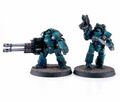 Two Alpha Legion(NO SUCH LEGION EXISTS*BLAM!* HERESY!!*BLAM!* HERESY!!) marines in Tartaros armor; one of them with Reaper Autocannon.