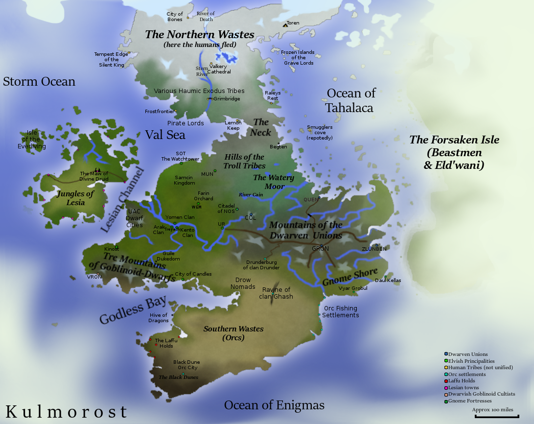 Map of the world of Kulmorost. Clearly made by Elves or Dwarves, as it focuses on their territories.