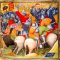 French and English men-at-arms fighting in a depiction of the Battle of Crécy, 1346, from the Grandes Chroniques de France.