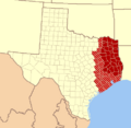 Map of East Texas (southern dark red areas being most of what is discussed)